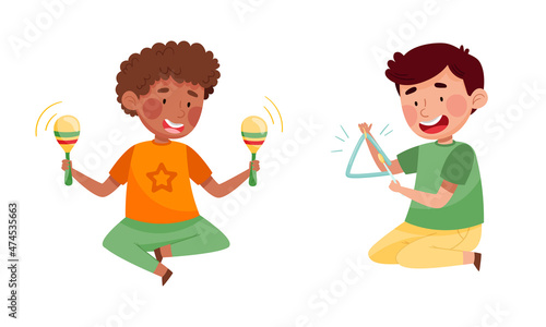 Cute kids playing music set. Boys performing with triangle and shaking maracas vector illustration