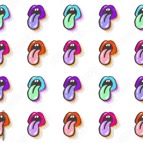 Pop art seamless pattern. Female lips with protruding tongue pop art card. Hand draw vector illustration