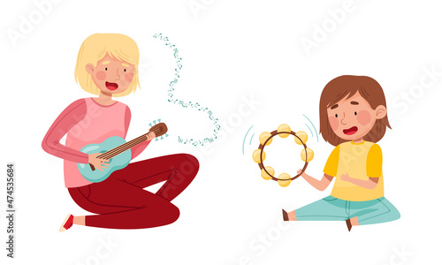 Cute children playing music set. Girls performing with ukulele and tambourine vector illustration