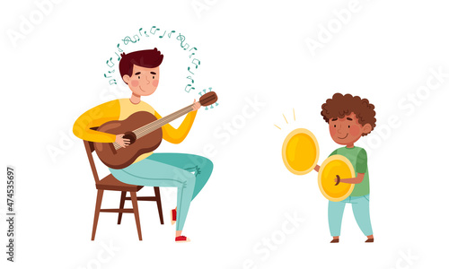 Cute kids playing music set. Girls performing with cymbals and acoustic guitar vector illustration