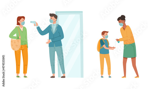 Coronavirus disease prevention measures set. Hands disinfection and measuring temperature vector illustration
