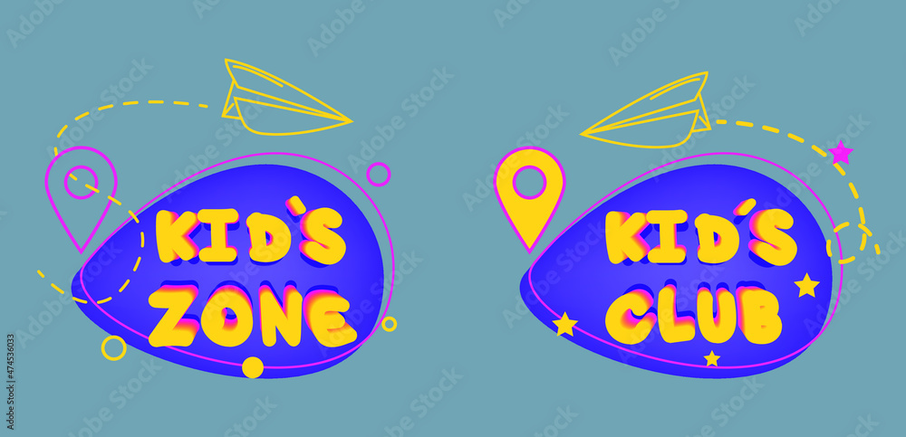 Colorful banner for children. Colorful text in candy on abstract background. Log in to the children's playroom. Funny cartoon frames. A bright decoration for the children's party.