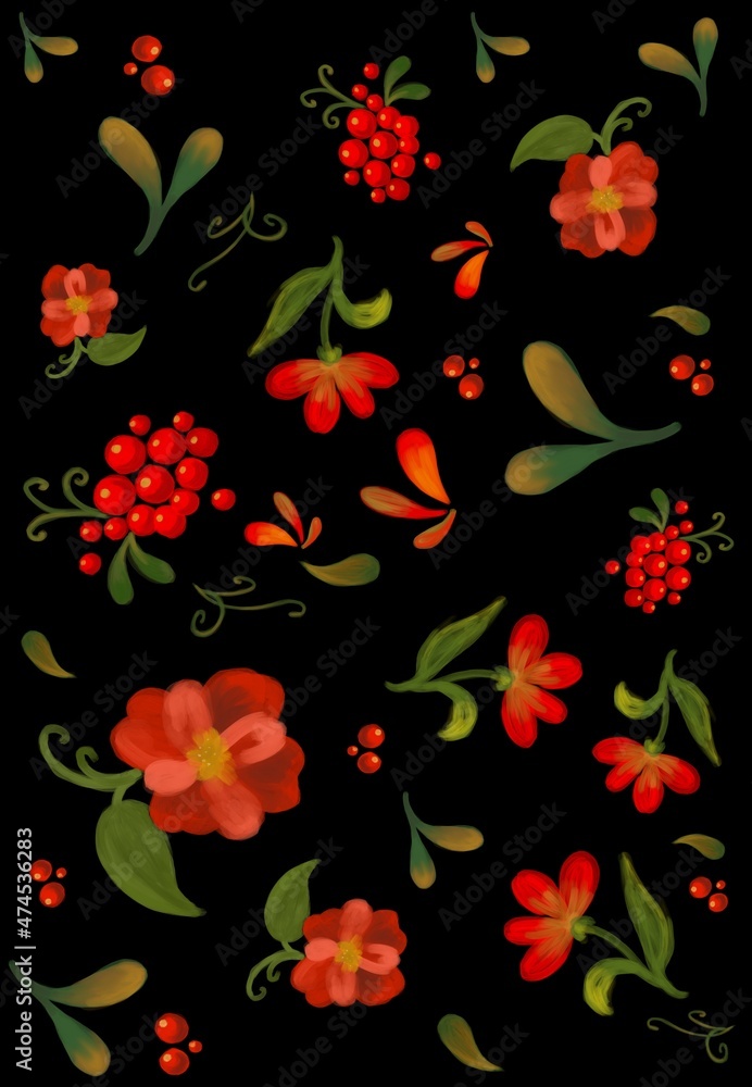 Beautiful russian style khohloma red berries and green leaves background. Black backdrop with red flowers. Hand drawn hohloma floral wallpaper for design.