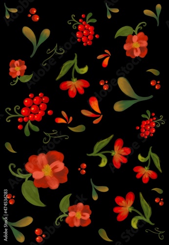 Beautiful russian style khohloma red berries and green leaves background. Black backdrop with red flowers. Hand drawn hohloma floral wallpaper for design.