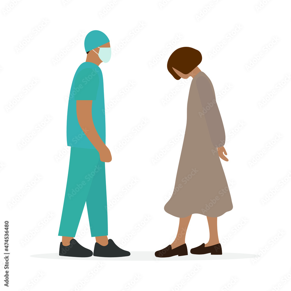 Male character in medical uniform and medical mask and sad female character together on white background Male character in medical uniform and medical mask and sad female character together on white background