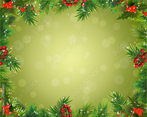 Christmas background with fir twigs and holly berries.