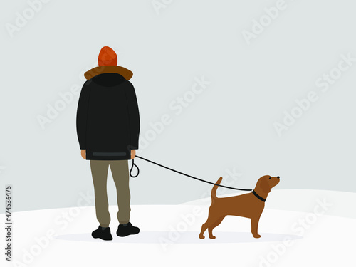 Male character in a jacket and a hat walking with a dog on a leash in winter