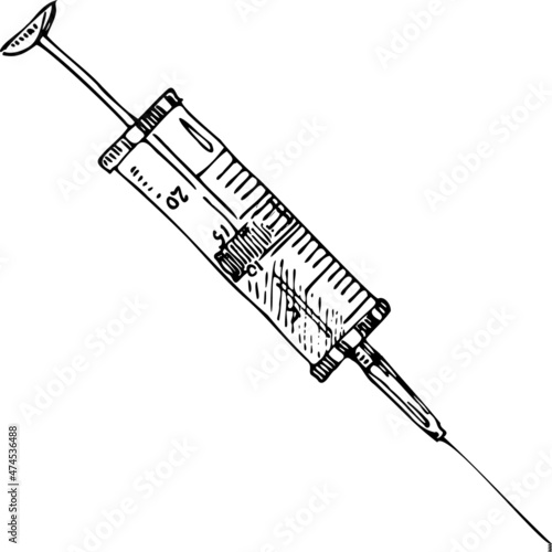 Medical long syringe with liquid inside sketch vector illustration