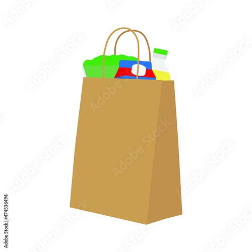 Paper bag with groceries on a white background