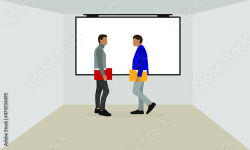 Two male characters with folders for documents in their hands stand in a room in front of a screen hanging on the wall
