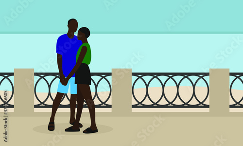 Couple of young characters stand on the waterfront