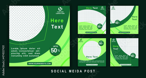 Set of editable square flyer template. Green background color with curved line shape. Suitable for social media posts and internet ads. Vector illustration with photographic college photo
