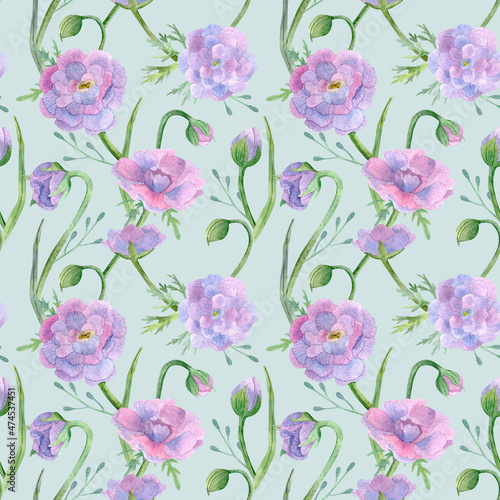 Watercolor seamless floral pattern with violet and pink wildflowers and herbs on light green, mint background. Hand drawn repeated background with geranium for prints, textile, and packaging. © Katurlich