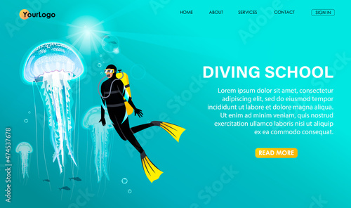 Diver with aqualung in special underwater equipment swim, dive under blue sea, ocean water around beautiful giant glowing jellyfish. Scuba diving club banner, poster, billboard, Vector illustration