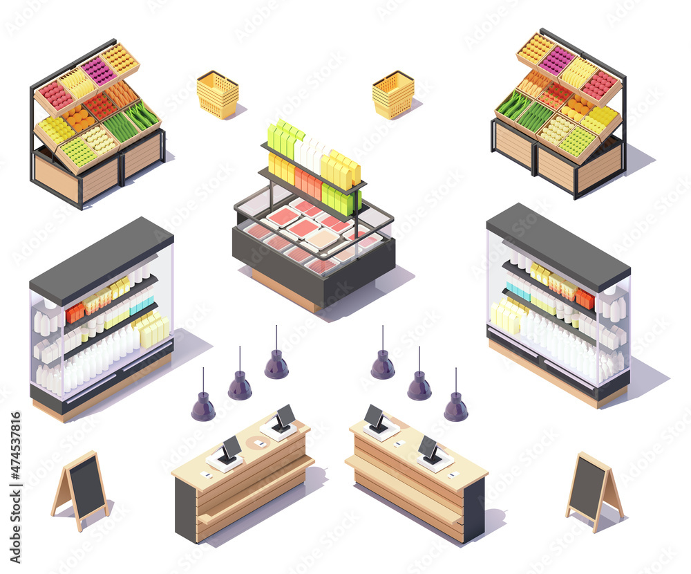 Vector isometric supermarket grocery fruits and vegetables showcase display, gondola refrigerator for meat, dairy products display shelf, checkout counter and baskets