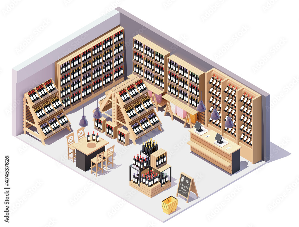 Vector isometric supermarket or grocery store wine department interior with furniture and equipment. Wine bottles on displays, shelves and gondolas, checkout counter with cash registers, baskets