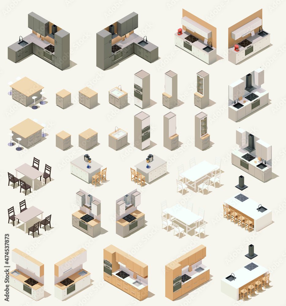 Vector isometric kitchen furniture set. Dining room table, lamps, cabinets and stools, stove, oven, sink, kitchen island, countertop, cooking appliances