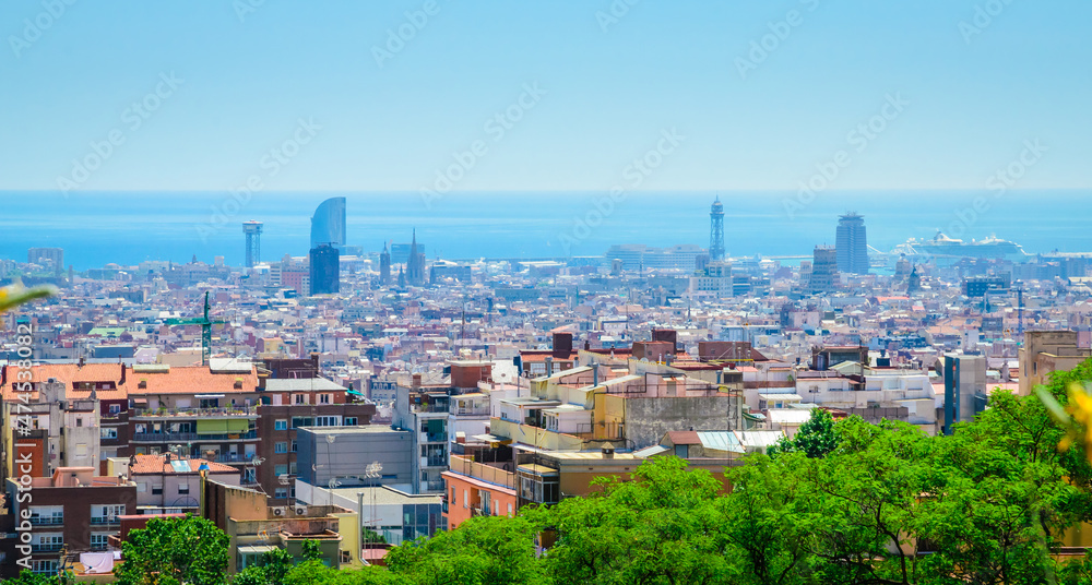 Panorama of beautiful city Barcelona, Catalonia, Spain.  Cityscape of Barcelona