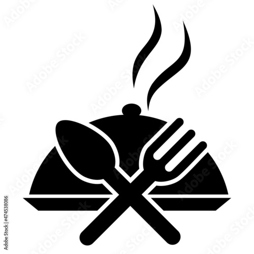 Simple flat black and white icon of fork, spoon and hot dish. Vector symbol of food, cuisine, restaurant menu