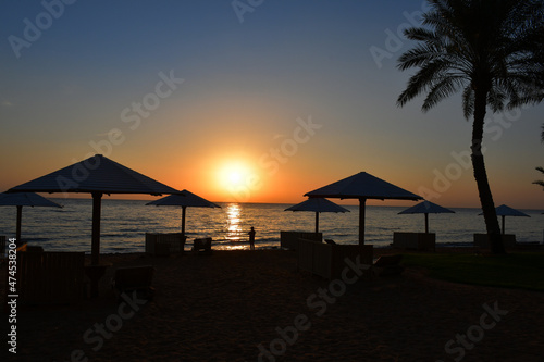View from the beach to the sunrise above the sea. Sunny path on the water. Silhouettes of beach umbrellas and sunbeds. a lonely palm tree. Small silhouette of a person against the backdrop of the sea
