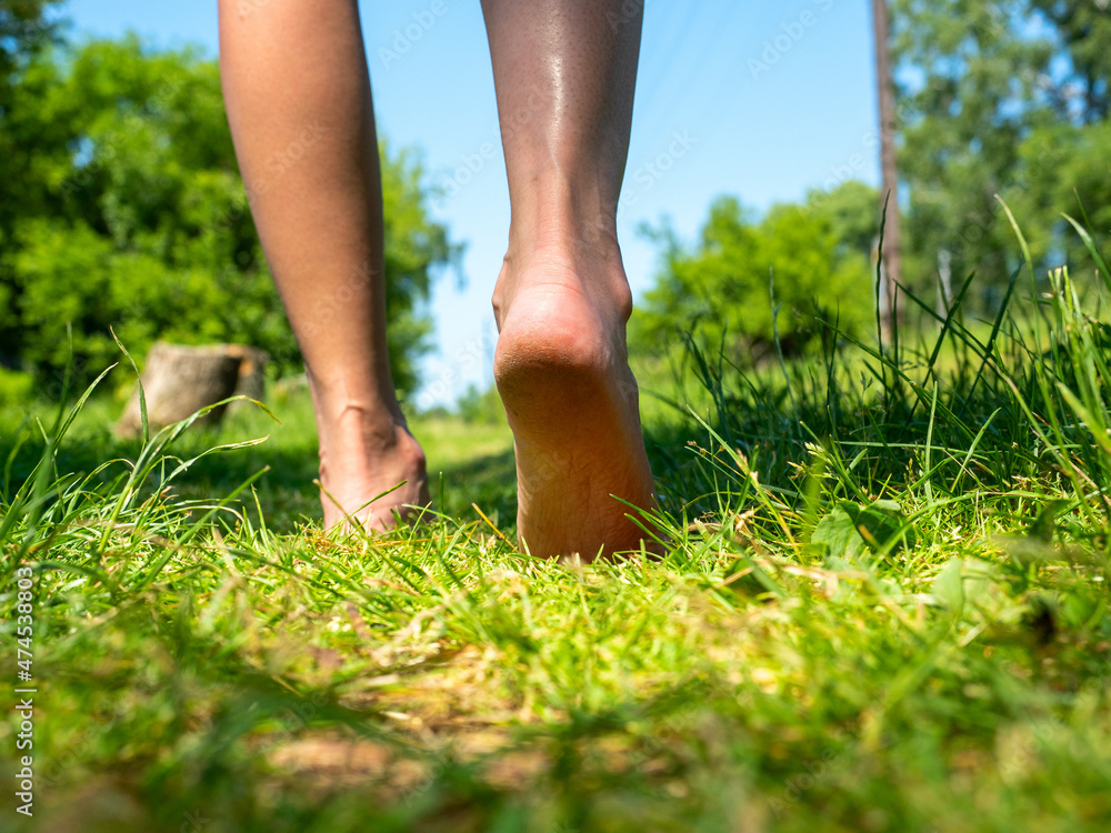 Close-up, beautiful female legs walking barefoot on the green grass summer. Selective focus