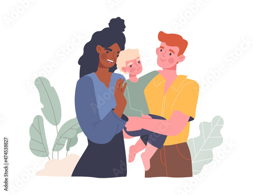 Family with adopted boy. Husband and wife rejoice at their new children. Caring for younger generation. Foster families concept, love, group of happy people. Cartoon flat vector illustration