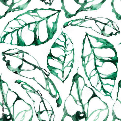 Monstera leaves watercolor seamless pattern. Template for decorating designs and illustrations.