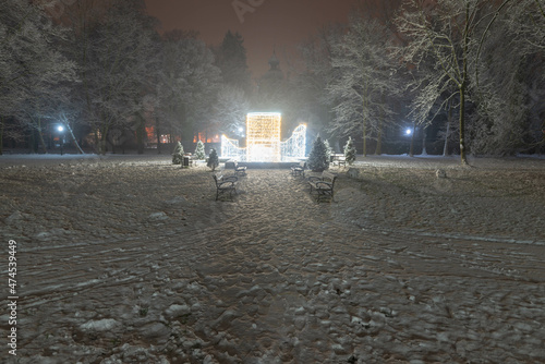 Świąteczna iluminacja w parku dworskim w mieście Iłowa w Polsce. Jest zimowa noc, widok jest lekko rozmyty z powodu intensywnych opadów śniegu.