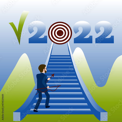 Achieving the goal in 2022. Vector illustration of a man running up the stairs that leads to the goal in 2022. Striving upward towards new opportunities and goals