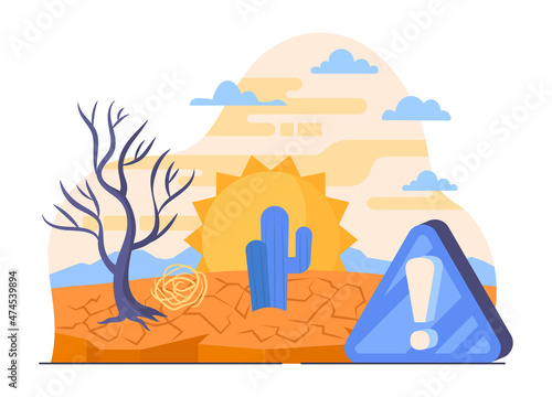 Heating impact concept. Desert scorched by sun, climate too hot, plants do not have enough water. Consequences of global warming, environmental international problems. Cartoon flat vector illustration