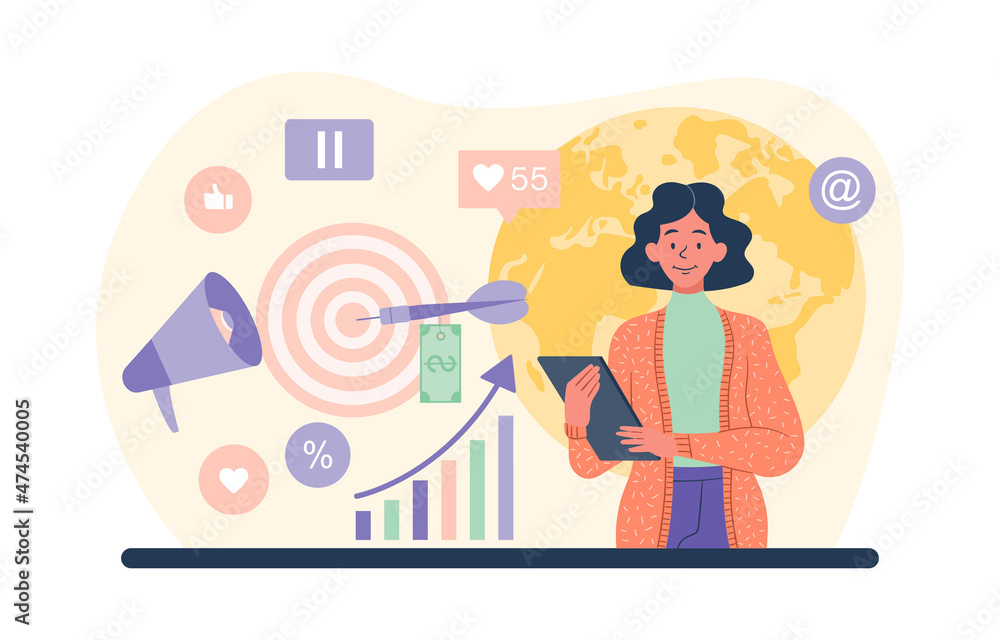 Concept of marketing. Person studies information to develop advertising proposal. Analytical department of company, development of brand popularity, content, seo. Cartoon vector illustration Concept of marketing. Person studies information to develop advertising proposal. Analytical department of company, development of brand popularity, content, seo. Cartoon vector illustration