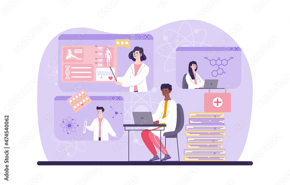 Medical conference concept. Doctors communicate via Internet, social networks, modern technologies. Characters communicate during video conference, professional webinar. Cartoon vector illustration Medical conference concept. Doctors communicate via Internet, social networks, modern technologies. Characters communicate during video conference, professional webinar. Cartoon vector illustration