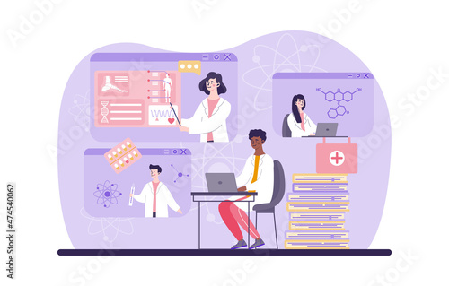Medical conference concept. Doctors communicate via Internet, social networks, modern technologies. Characters communicate during video conference, professional webinar. Cartoon vector illustration