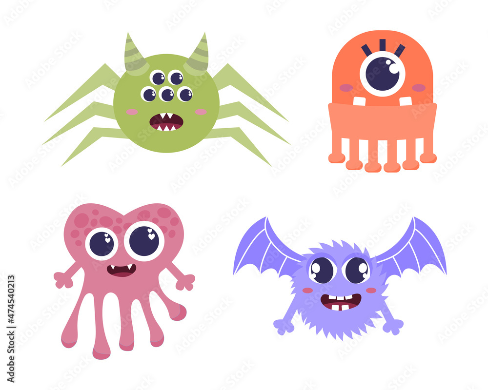 Set of cute monsters. Collection of stickers or badges for kids. Unusually shaped organisms. Fictional heroes for childrens, fantasy. Cartoon flat vector illustrations isolated on white background