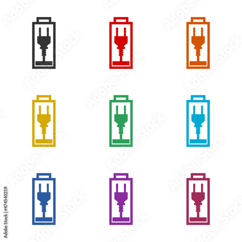 Battery icon with plug icon isolated on white background, color set