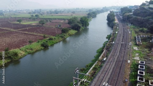 Aerial view of river Indrayani and railway infrastructure along the river at Kamshet near Pune India. photo