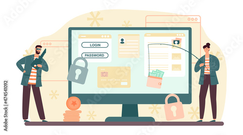 Theft of personal data. Two men stand in front of large monitor. Personal information of one user in hands of hacker. Attackers cracked password, digital technology. Cartoon flat vector illustration