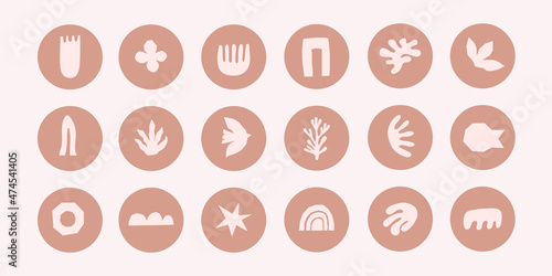 Trendy collection of abstract round highlight covers with pastel cutting shapes, tropical elements and doodle objects. Modern vector hand drawn icons. Inspired Matisse design