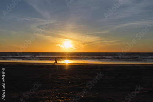 sunset at the beach, person playing with a dog in the sunset, person walkin on the beach