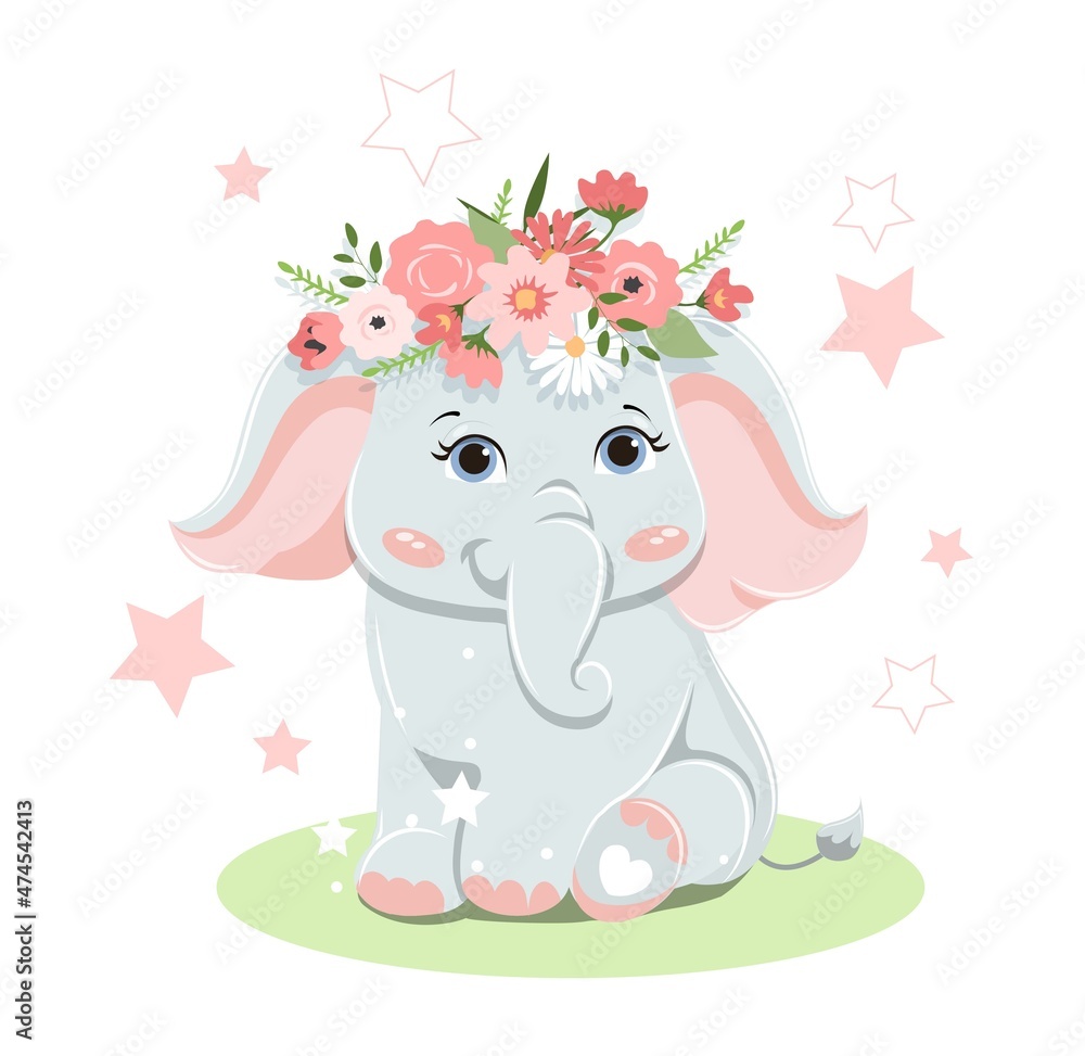 Baby elephant on green field. Cute stickers and badges for kids. Pictures for printing on childrens clothes, graphic elements for website. Nature, fauna, mammal. Cartoon flat vector illustration
