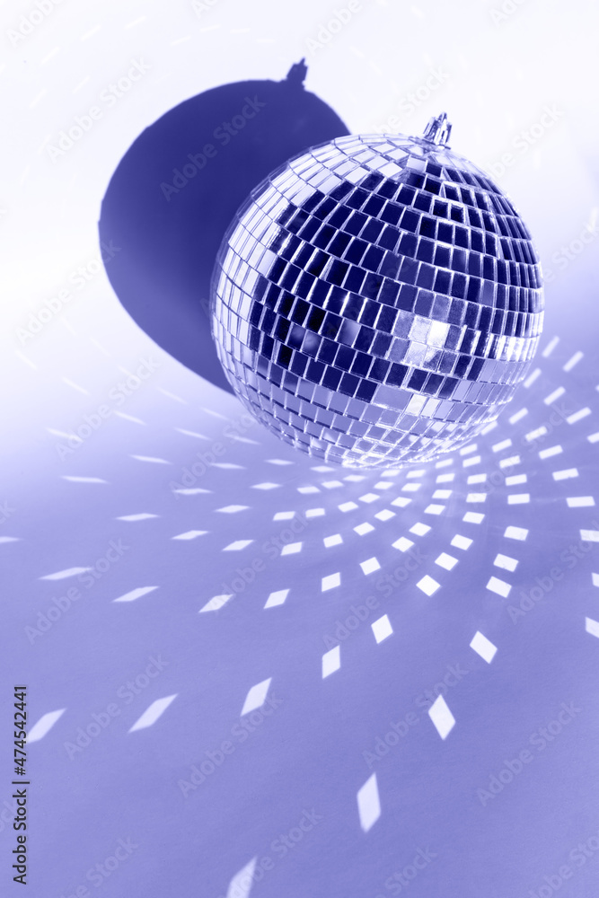 Fototapeta premium Minimal creative Christmas decorations, mirror disco balls. Party time, Greeting card. Very peri colour 2022.