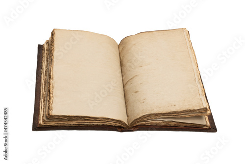 An open empty old notebook isolated on a white background.