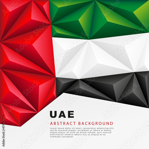 UAE polygonal flag. Abstract background in the form of colorful black, red, green and white pyramids and polygons.