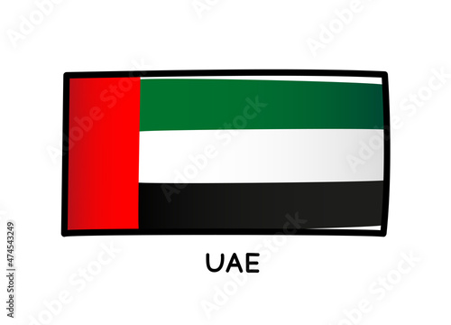 United Arab Emirates flag. UAE flag colorful logo. Freehand black, red, green and white brush strokes. Black outline. Vector illustration