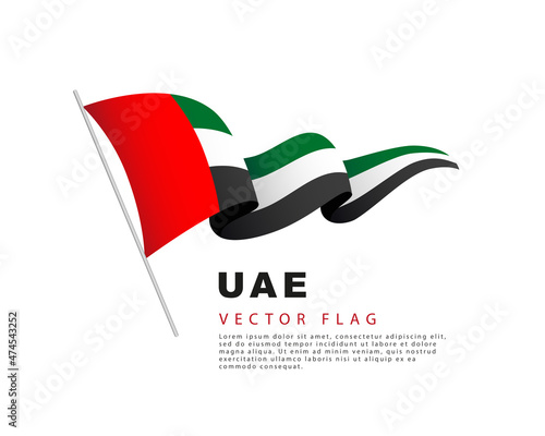 The UAE flag hangs from a flagpole and flutters in the wind. Vector illustration isolated on white background.