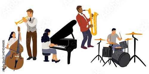 Set of jazz orchestra people playing various musical instruments and singer. The collection of musical instruments includes a double bass drum, saxophone, trumpet, pianist. Flat vector illustration.