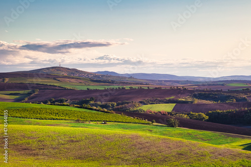 Agricultural landscape panorama. Moravian fields, Moravia, Czech Republic, around the village Kyjov 