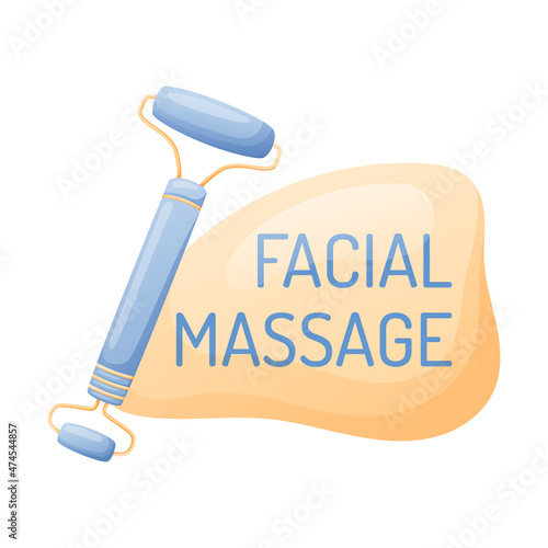 Vector illustration of cartoon gua sha roller massager. Web banner with the text facial massage.