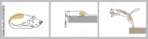 Modern cats in continuous line style with abstract shapes, one line drawing. Set of trendy minimalist posters with sleeping, jumping, relaxing Cats. Pet logo. Vector illustration.
