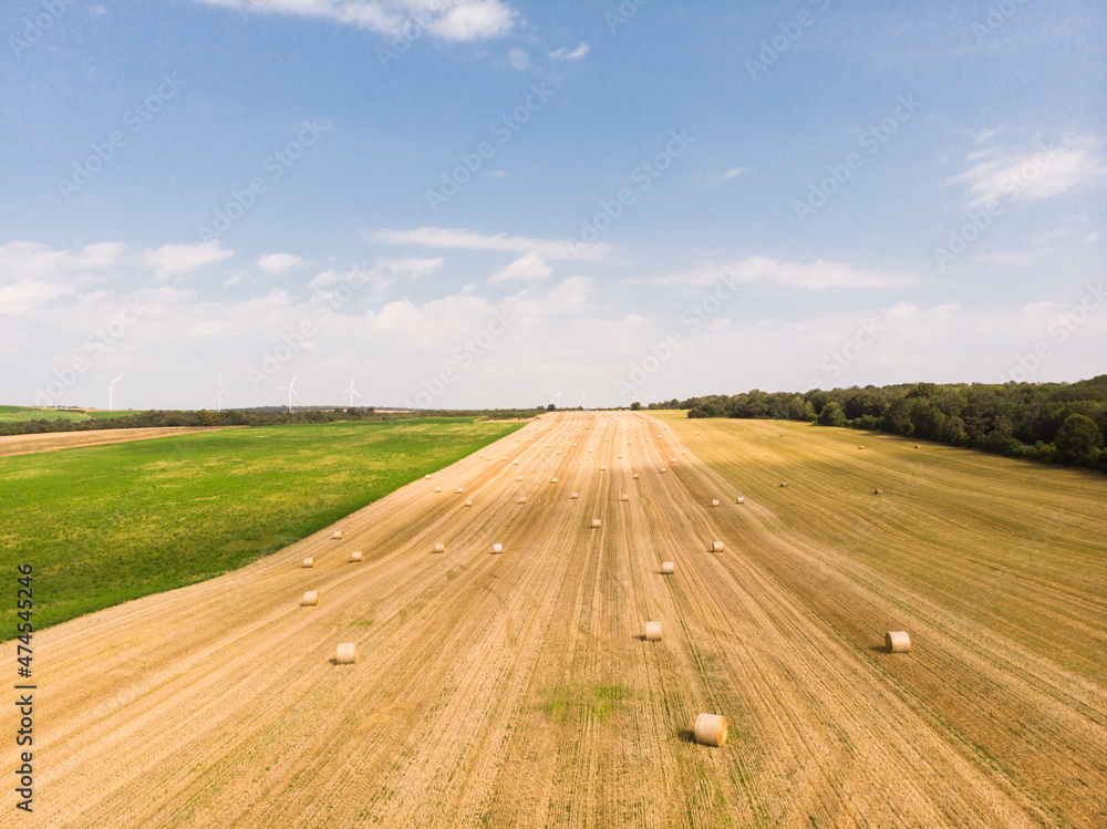 vue aérienne d'un champ avec des bottes de paille. Rouleaux de foin. Bottes de foin. Paysage agricole. L'agriculture. vue aérienne d'un champ avec des bottes de paille. Rouleaux de foin. Bottes de foin. Paysage agricole. L'agriculture.
